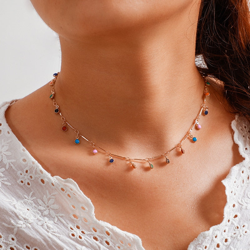Simple Bohemia Elegant Choker Tassel Necklace for Women Colorful Drop Bead Short Chain Pearl Pendant Choker Necklaces Jewelry