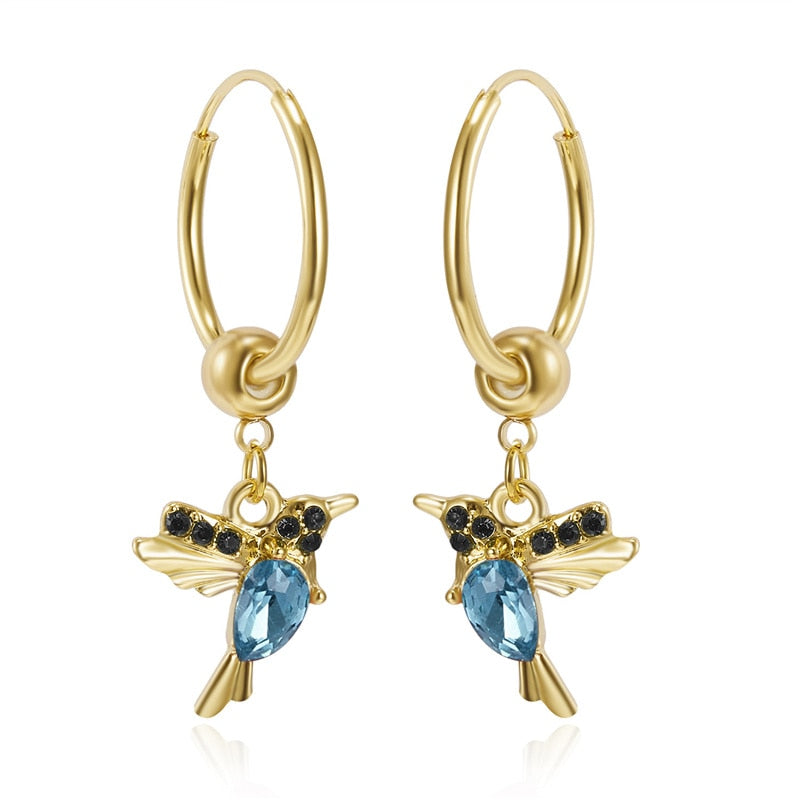 Exquisite Bird-shaped Hummingbird Hoop Pendant Crystal Pendant Earrings Tassel Bird Earrings for Womens Wedding Jewelry