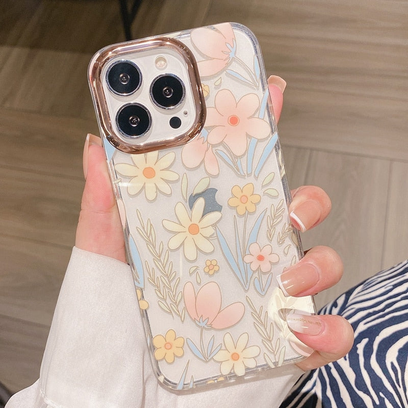 Fashion Flowers Transparent Phone Case For iphone 11 12 13 14 Pro Max Plus Shockproof Bumper Back Cover