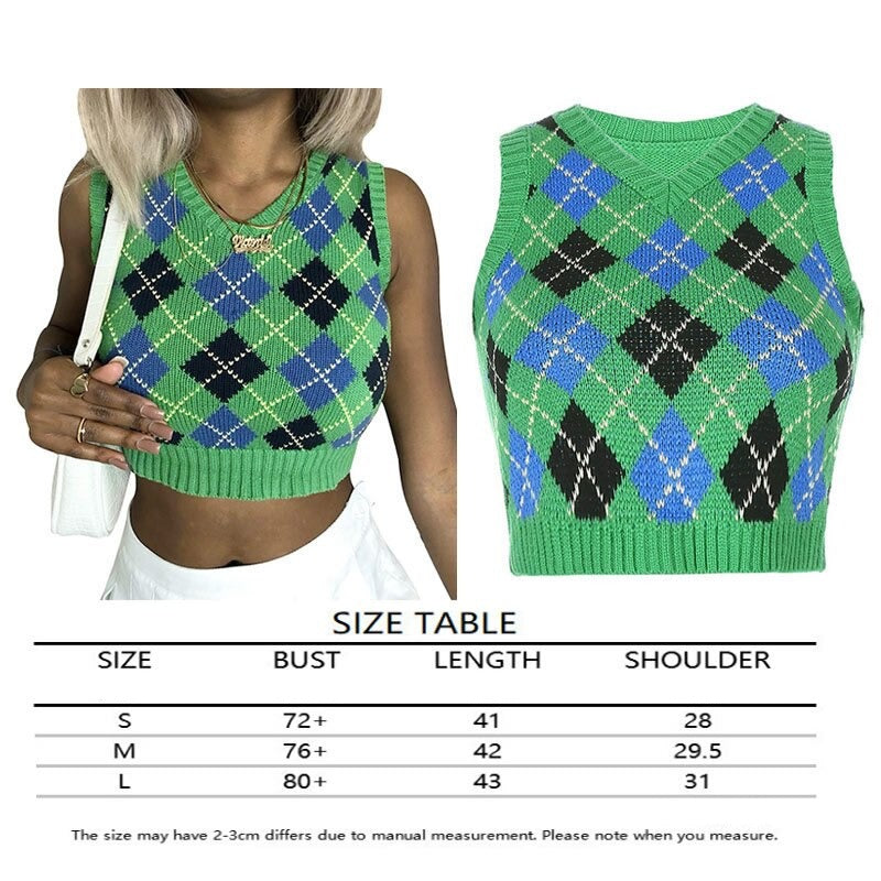 Sweater Vest Women  Black Sleeveless Plaid Knitted Crop Sweaters Casual Autumn Preppy Style tops V Neck Vintage