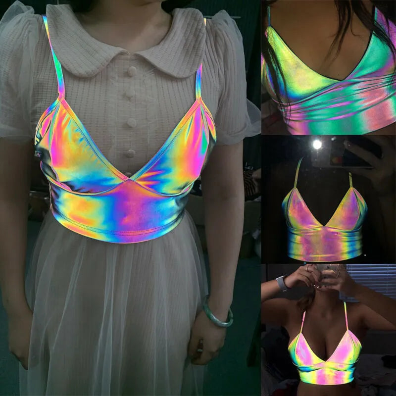 Ladies Women Sleeveless Laser Colorful Reflective V Neck Slim Club Party Fashion Sexy Crop Tops Camis