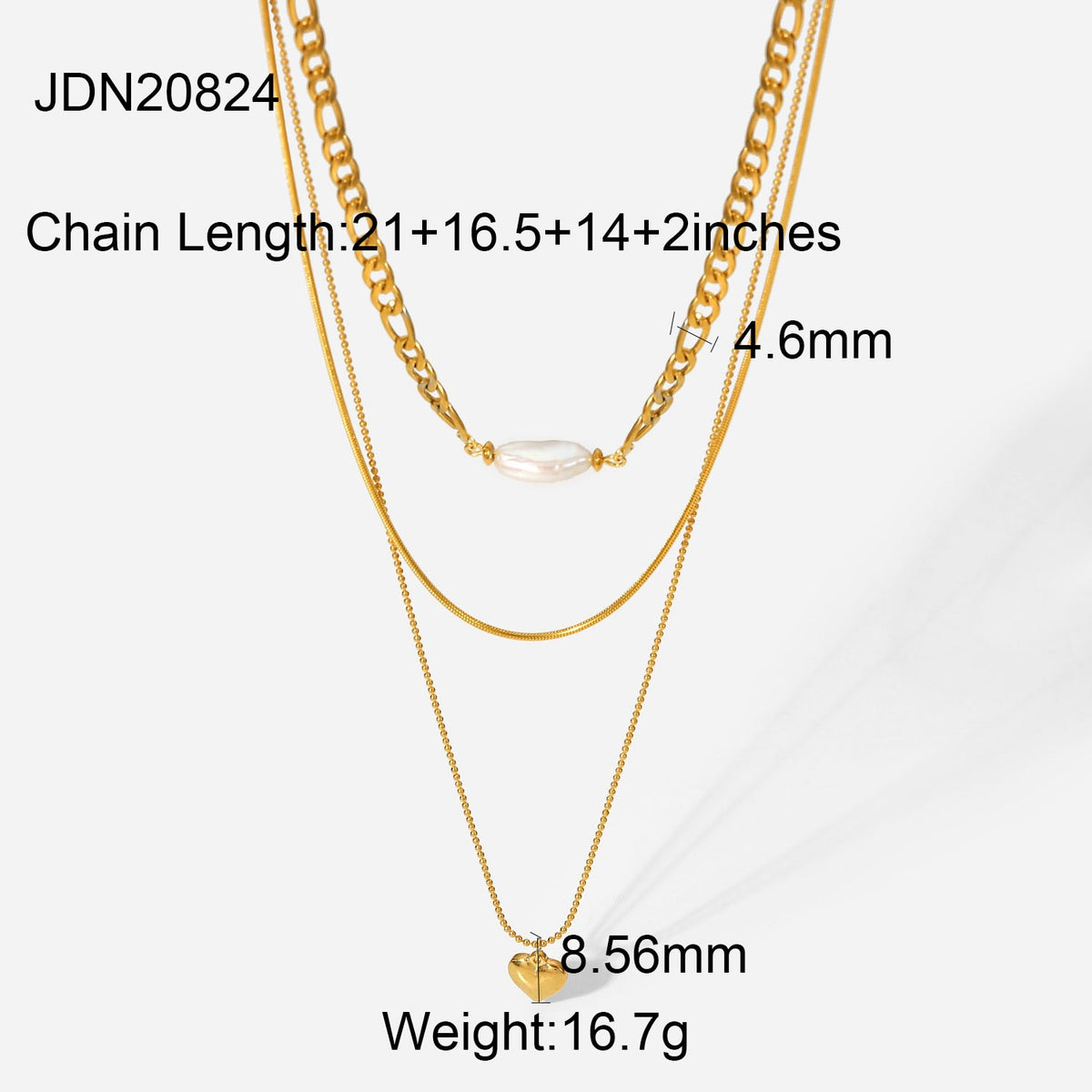 Halskette mit natürlichem Süßwasserperle-Edelstahl, 18 Karat Goldkette, dreilagige Liebesanhänger-Halskette für Damen, trendig