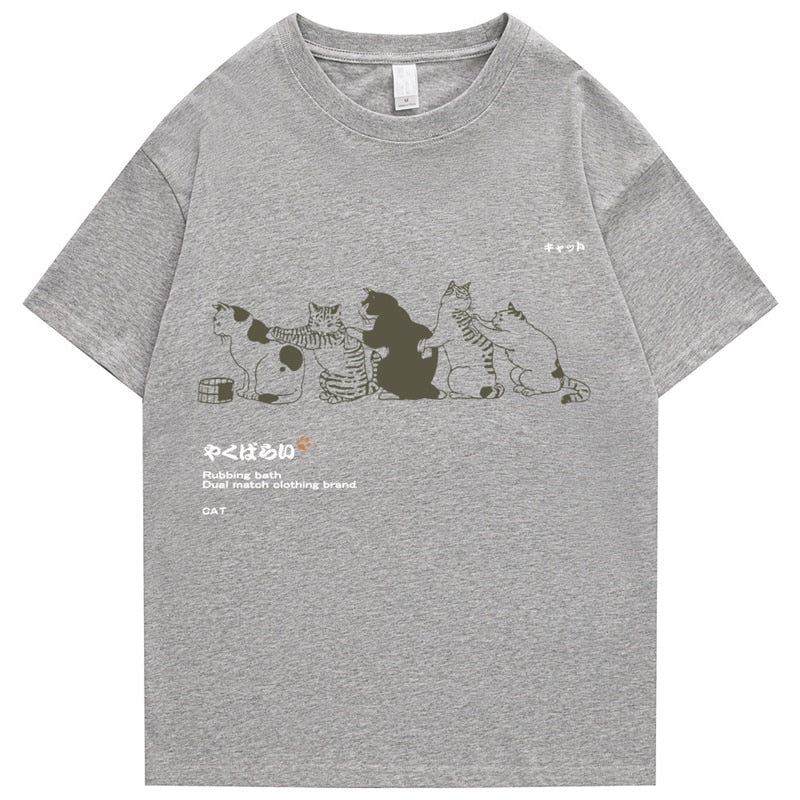 Men Hip Hop T Shirt Streetwear Japanese Kanji Harajuku Funny Cat T-Shirt Short Sleeve Tops Tees Cotton Print Tshirts
