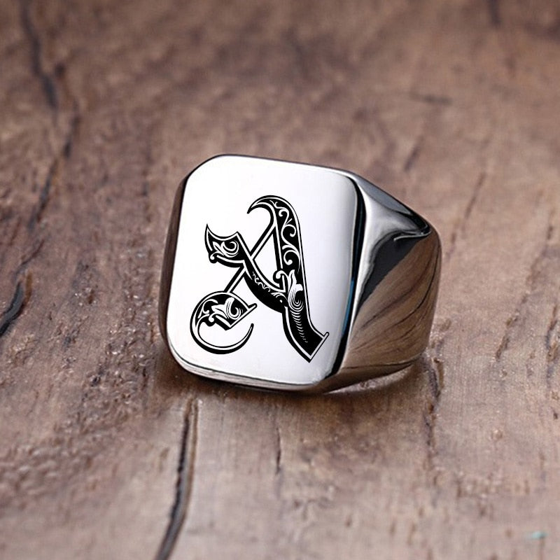 Retro Initials Signet Ring for Men 18mm Bulky Heavy Stamp Male Band Stainless Steel Letters Custom Jewelry Gift for Him