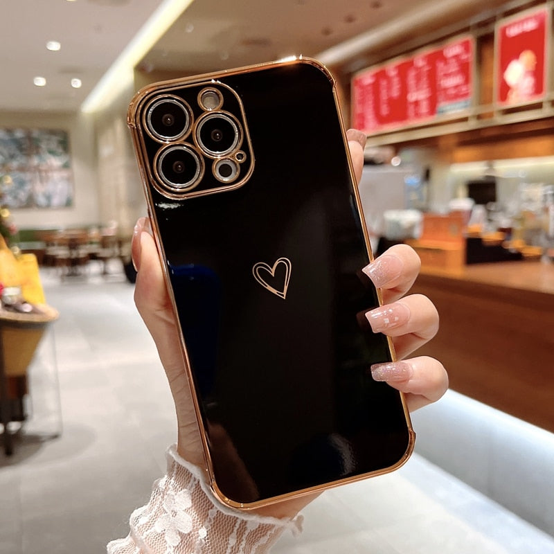 Luxury Electroplated Love Heart Phone Case For iPhone 11 12 13 14 Pro Max XS X XR 7 8 Plus SE 2020 Mini Soft Silicone Cover