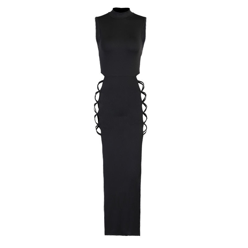 Fashion Solid Sleeveless Half High Collar Maxi Dress Women Y2K Gothic Clothes Sexy Side Slit Bandage Midnight Clubwear