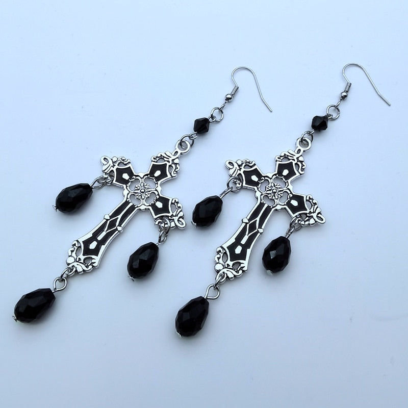 Black Cross Garnet and Crystal Chandelier Earrings Goth Large Trad Gothic Statement Jewelry Rock Gorgeous Women Gift