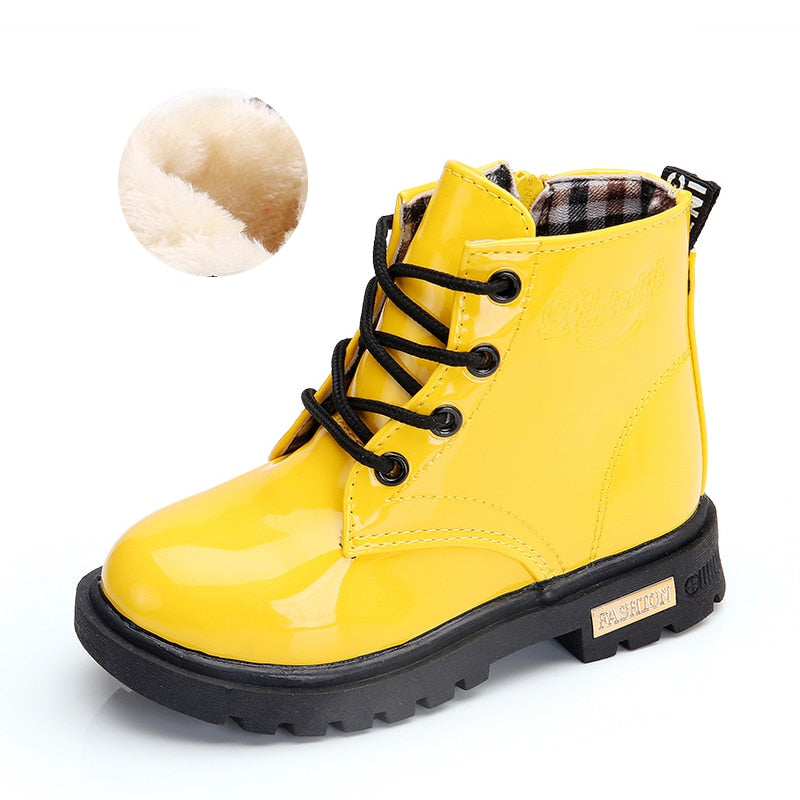 Zapatos de invierno para niños, botas de felpa impermeables de cuero PU, botas de nieve para niños, botas informales para niñas y niños, zapatillas de deporte de moda, tallas 29 a 36