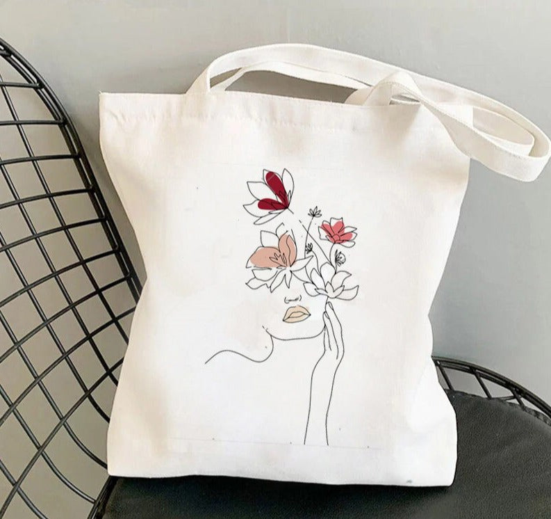 Shopper Woman face one line art Printed Tote Bag women Harajuku shopper handbag girl Shoulder shopping bag Lady Canvas Bag