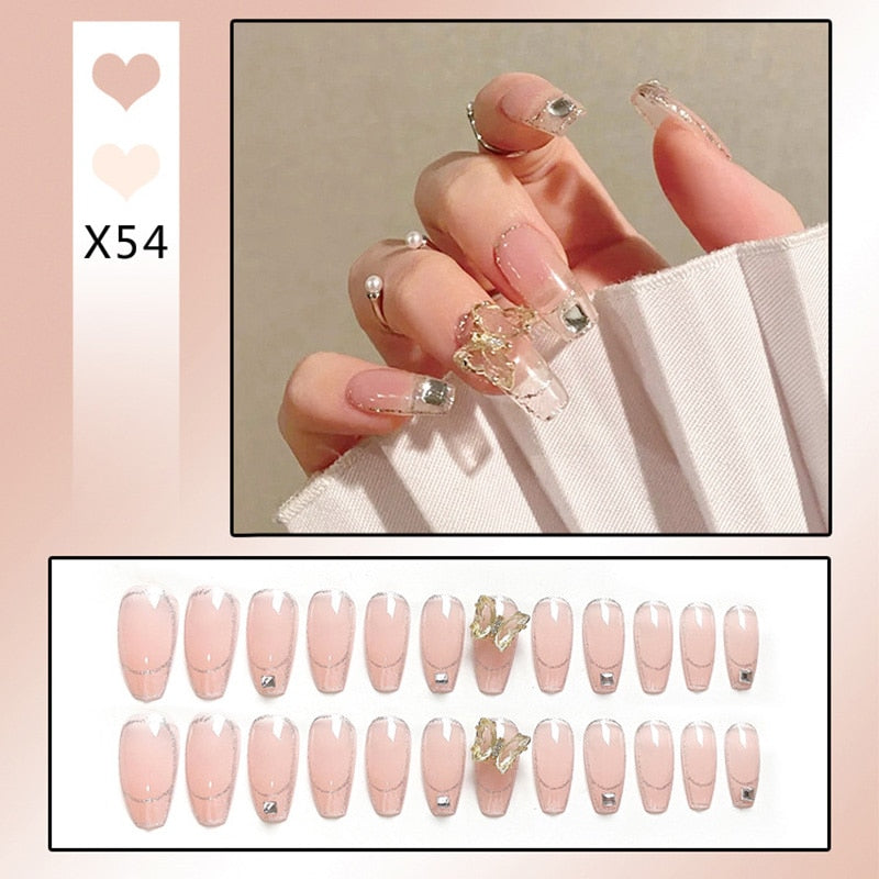 24pcs Butterfly decorated false nails Removable Long Paragraph Manicure press on nail tips full cover acrylic for girls