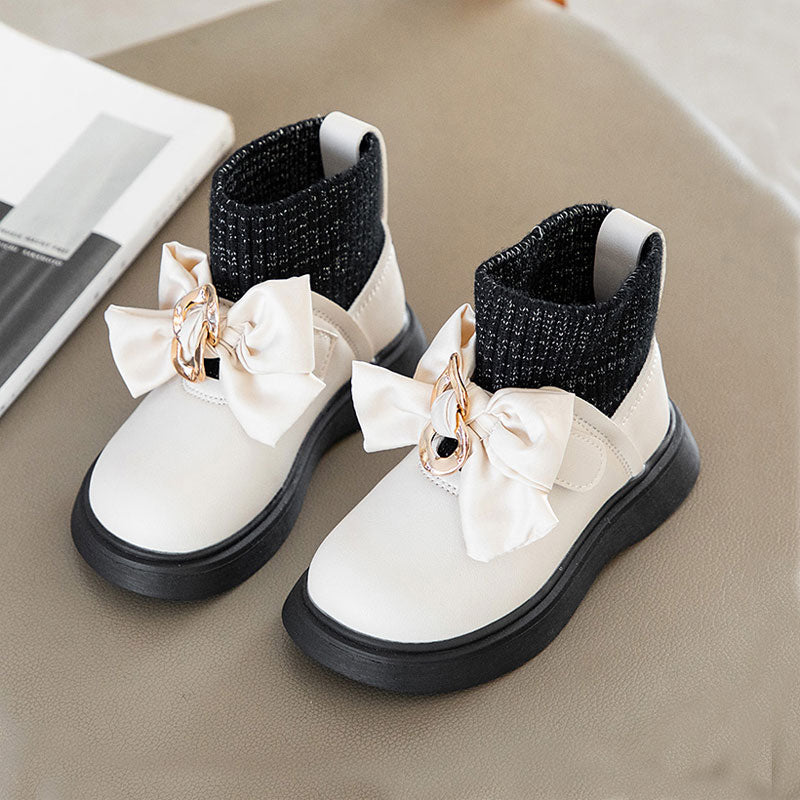 Little Kid Knit Ankle Pu Boots For Girl Metal Buckle Bow Shoes Slip On Winter Short Plush Warm Baby Child Boot Size 21-30