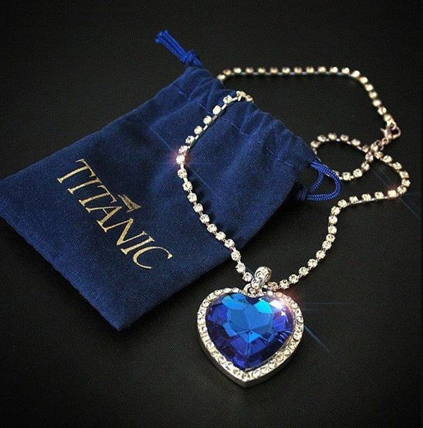 Titanic Heart of Ocean Blue Heart Love Forever Anhänger Halskette + Samtbeutel