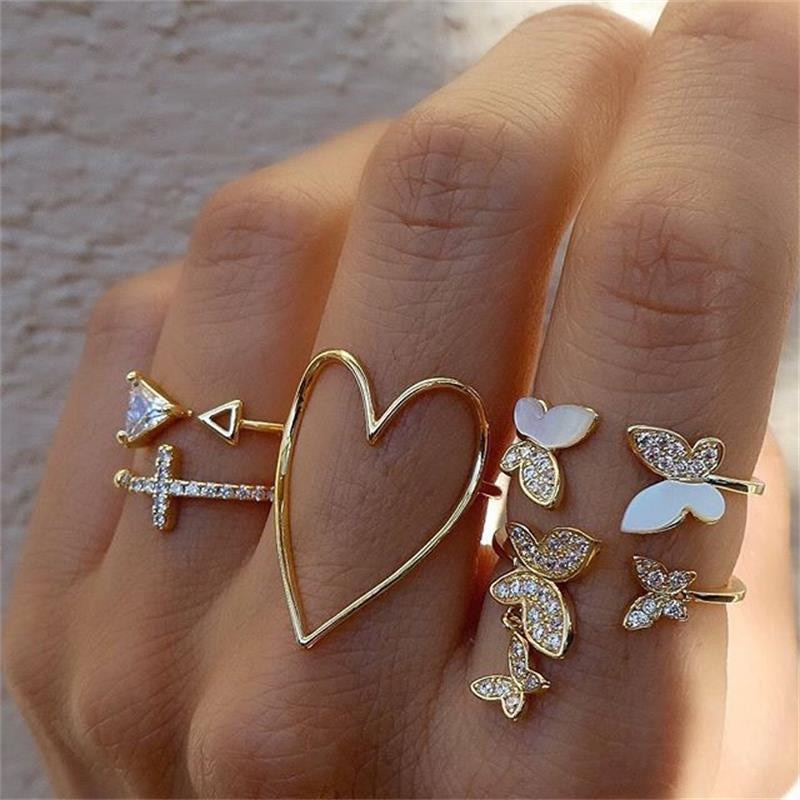 Vintage Bohemian Ring Sets Heart Butterfly Gold Rings Crystal Geometric Knuckle Midi Rings for Women Jewelry Gifts