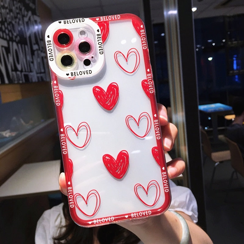 Soft Love Heart Transparent Phone Case For iphone 11 12 13 14 Pro Max XS X XR 7 8 Plus SE 2020 Bumper Shockproof Back Cover