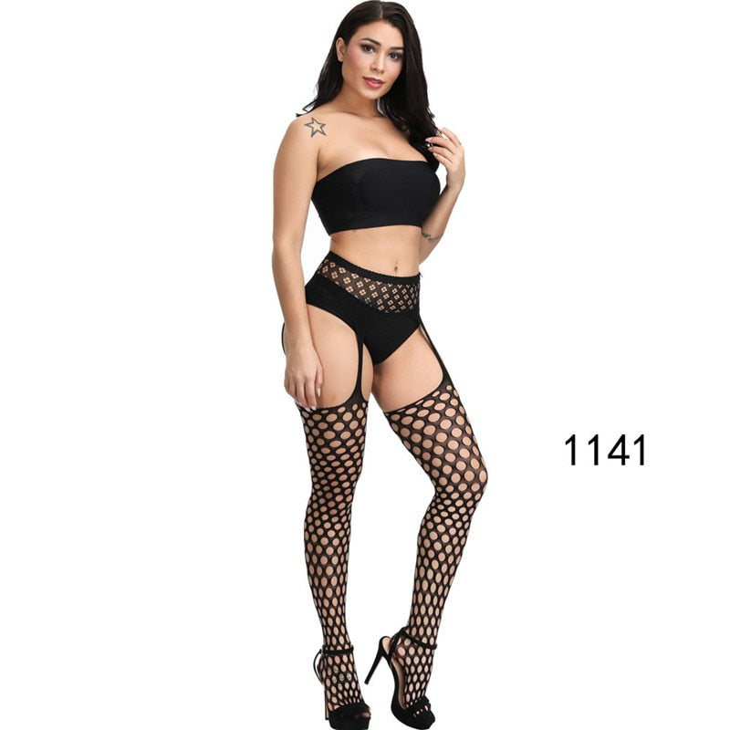 Plus Size Women Sexy Tights Crotchless High Elastic Stockings Lingerie Garter Belt Fishnet Pantyhose Open Crotch Tights