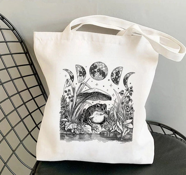 Women Shopper bag Frog Mushroom Moon Printed Kawaii Bag Harajuku Shopping Canvas Shopper Bag girl handbag Tote Shoulder Lady Bag