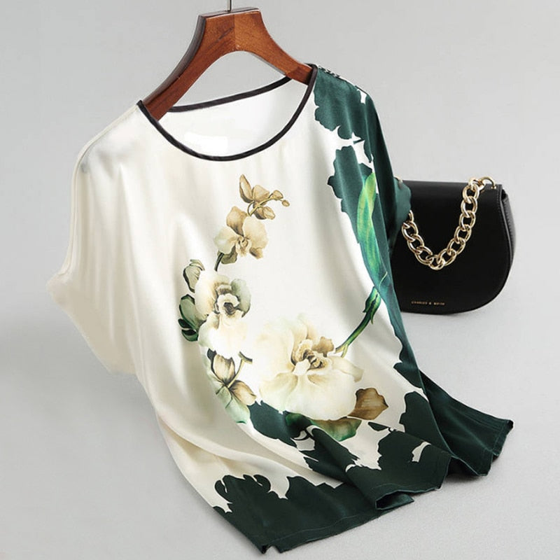 Floral Print Blouse Pullover Ladies Silk Satin Blouses Plus Size Batwing Sleeve Vintage Print Casual Short Sleeve Tops