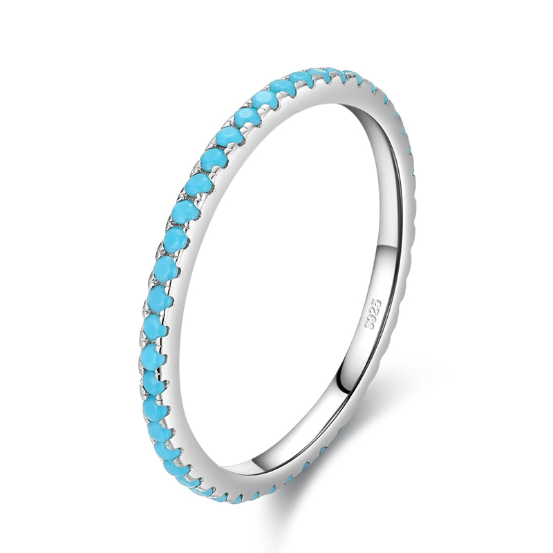 100% 925 Sterling Silver Classic Exquisite Circle Turquoise Charm Stackable Finger Ring For Women Fine Jewelry