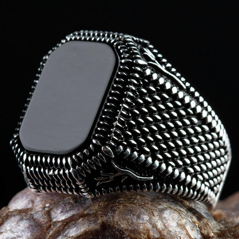 Retro Handmade Turkish Signet Rings For Men Ancient Silver Color Carved Eagle Ring Mystic Zircon Inlay Punk Motor Biker Ring
