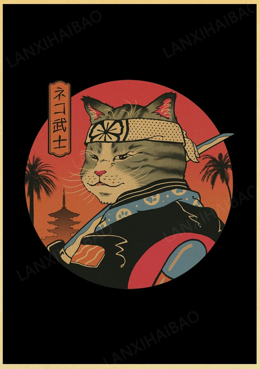 Retro Posters Bar decoration Japanese style Samurai cat Hand-Pulled Noodle octopus Waves Abstract Home Decor