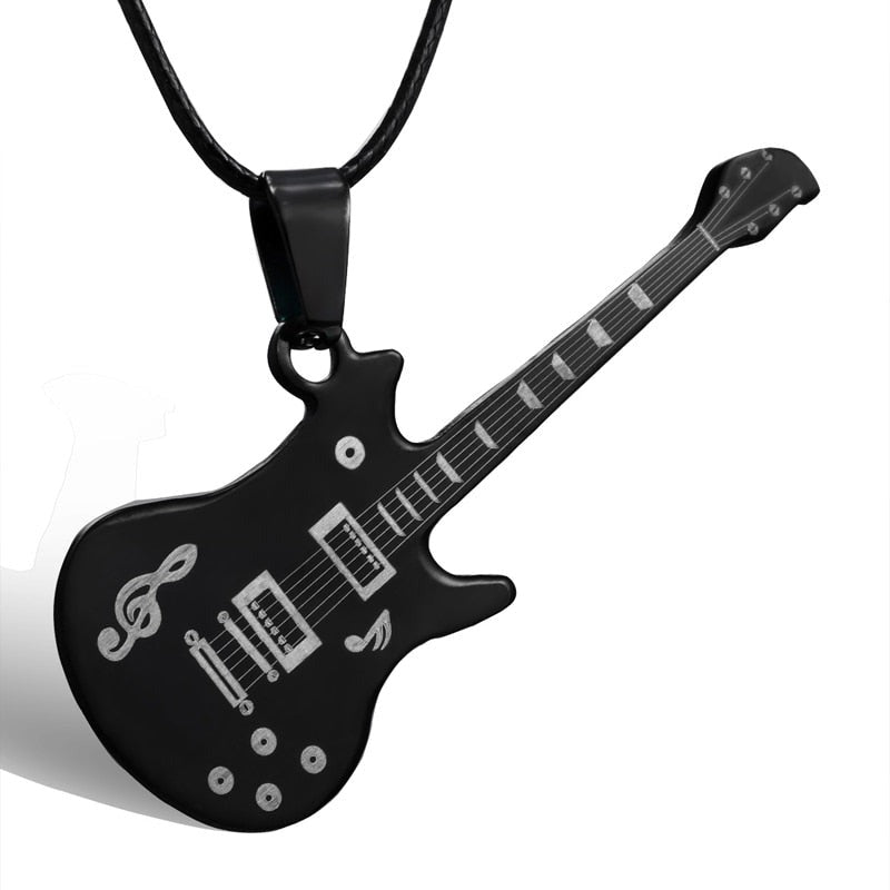 316L Stainless Steel Guitar Necklace For Men Pendants Leather Chain Men Necklaces