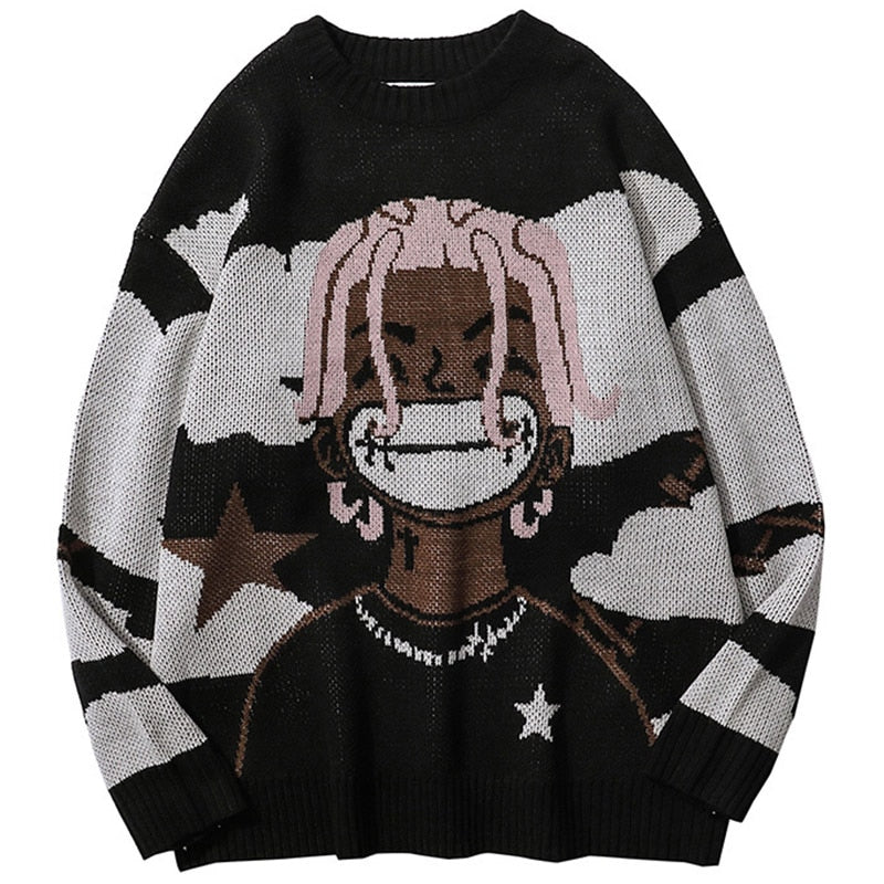 Harajuku vintage cartoon anime knitted sweater men winter oversized mens rock hip hop rap pullover women jumper ugly sweater