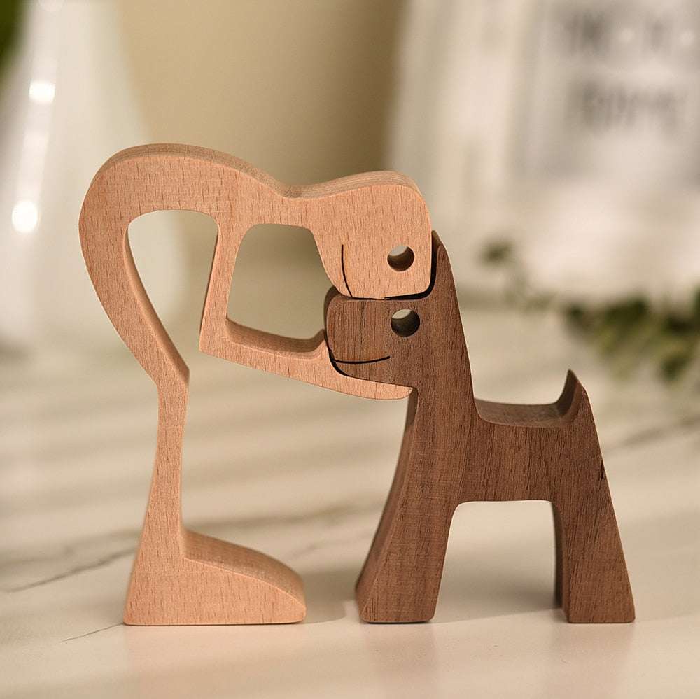 Family Puppy Wood Dog Craft Figurine Desktop Table Ornament Carving Model Home Office Decoration Pet Sculpture Christmas Gift