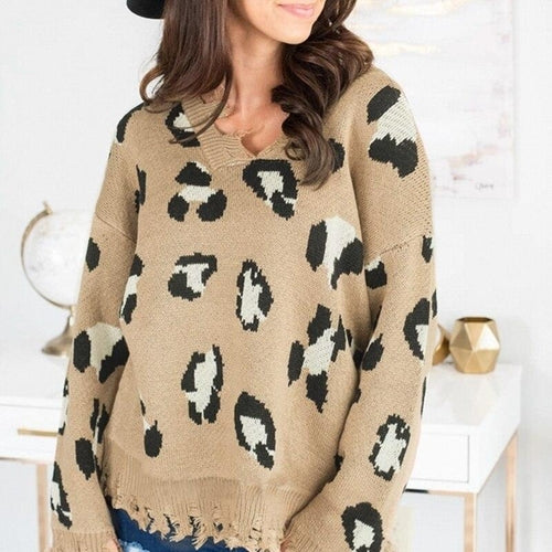 Suéter con borlas y mangas murciélago con estampado de leopardo para mujer