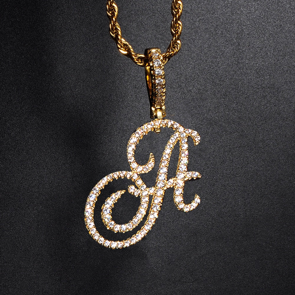 A-Z Cursive Letters Name Pendant &Necklace Iced Out Cubic Zircon Gold Silver Color Charm Hip Hop Jewelry