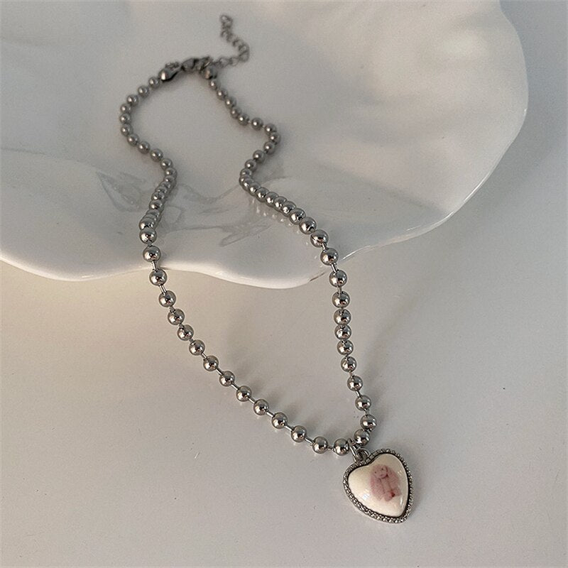 Vintage Simple Stainless Steel Heart Pendant Necklace for Women Plaid Harajuku Sweater Neck Chain Aesthetic Y2k Jewelry