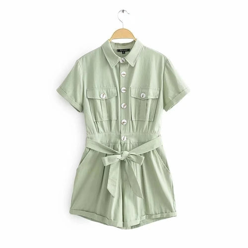 Buttons Down Green Playsuit Sashes Tie Up Romper