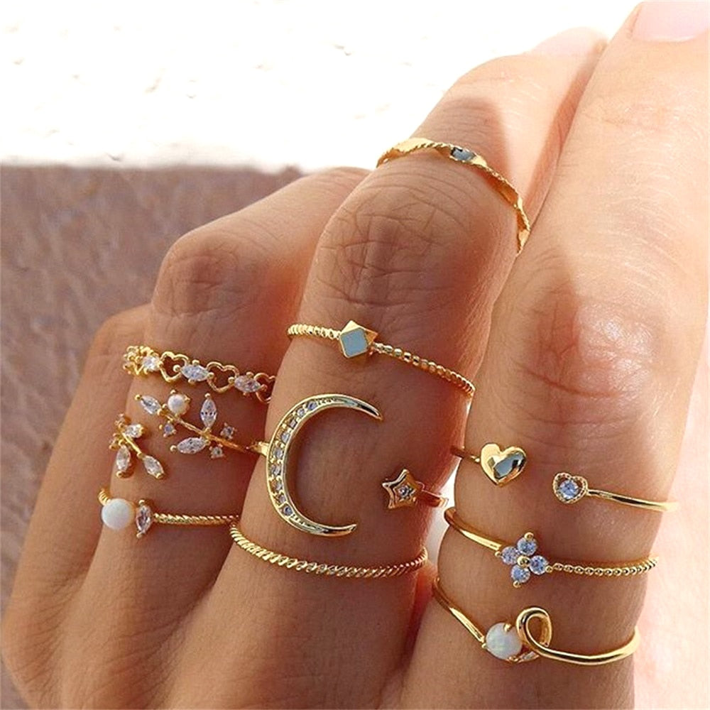 Bohemian Gold Color Chain Rings Set For Women Boho Coin Snake Moon Rings Party Jewelry Gift