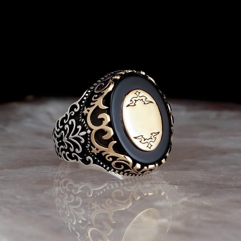 Anillos de sello turco hechos a mano Retro para hombre, anillo de águila tallada en plata antigua, anillo de motorista Punk con incrustaciones de circón místico