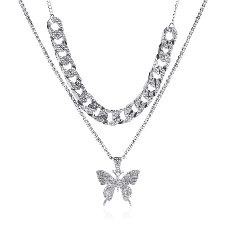 Punk Cuban Double Layer Big Butterfly Pendant Necklace Full Rhinestone Gold Color Choker Thick Chain Necklace Women Jewelry