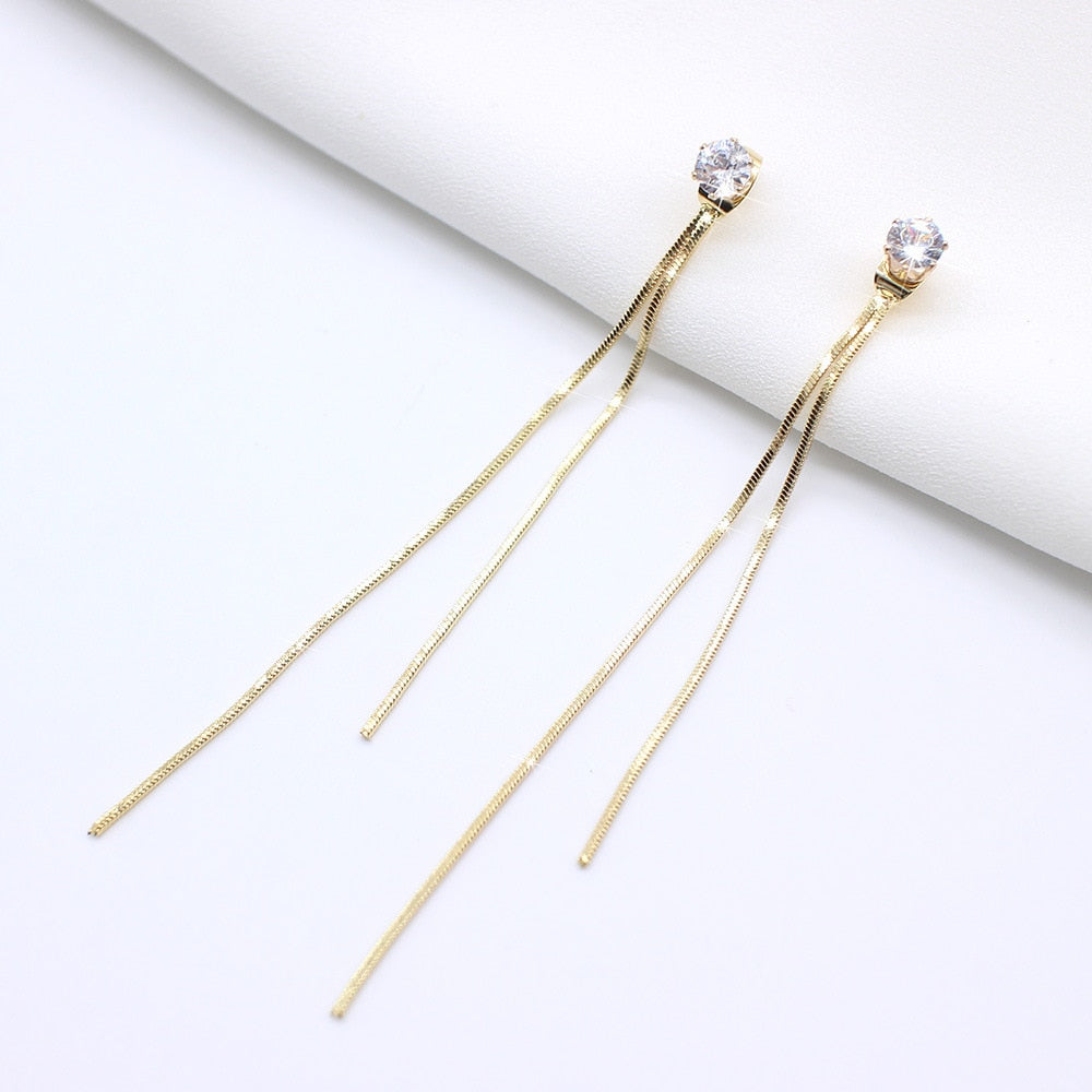 Gold Color Long Crystal Tassel Dangle Earrings for Women Wedding Drop Earring Jewelry Gifts