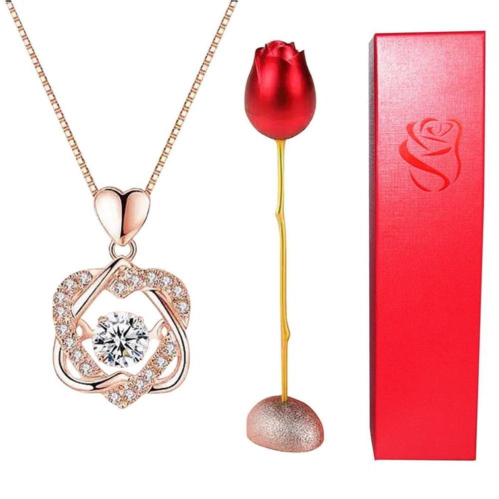 Conjunto de collar de amor eterno con soporte de rosa, colgante de circón rombo romántico con regalos inmortales para el Día de San Valentín