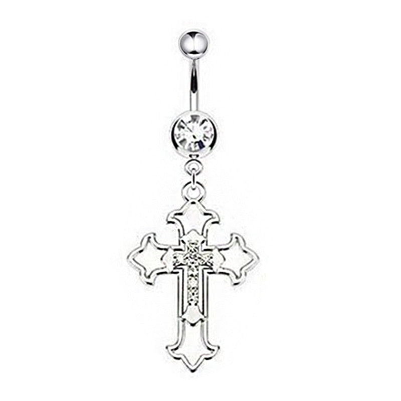 Hollow Cross Dangle Belly Button Rings Navel Piercing Bar Clear Black CZs Belly Piercing Nombril Oreja Gothic Body Jewelry Punk