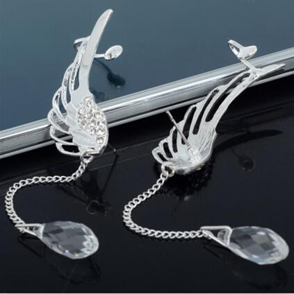 Silver Plated Angel Wing Stylist Crystal Earrings Drop Dangle Ear Stud For Women Long Cuff Earring Bohemia