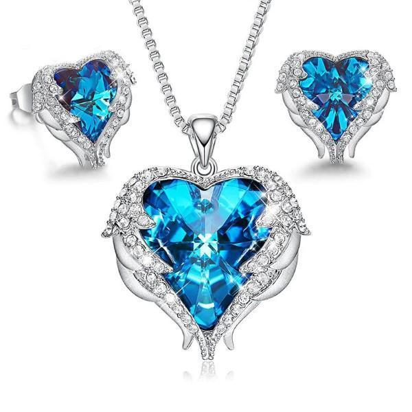 Wings of an Angel Heart Blue Topaz Necklace and Earring Set with Gift