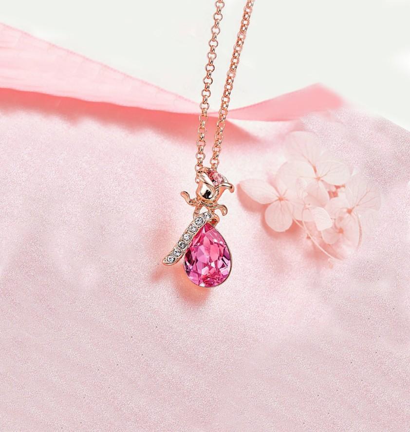 Pink  Elements Teardrop Pear Cut Pav'e Floral Necklace in 14K Rose