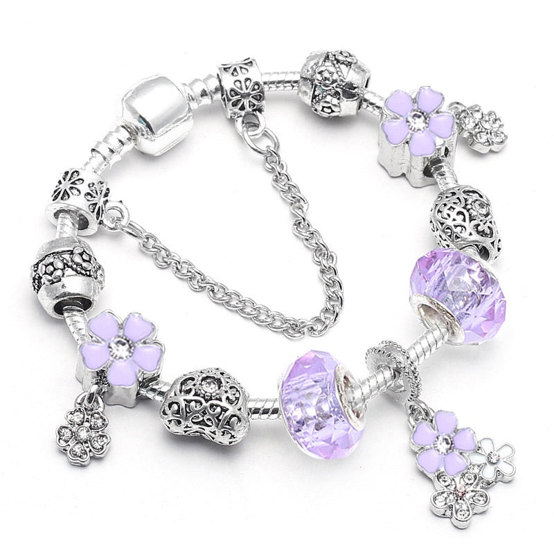 Vintage Silver Color Charms Bracelets for Women DIY Crystal Beads Brand Bracelets Women Jewelry 20-21Cm