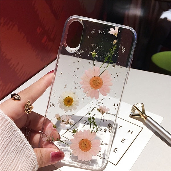 Dried Flower Silver foil Phone Cases For iPhone 14 13 12 11 Pro Max XS Max XR X 6 6s 7 8 Plus SE Soft Silicone Cover