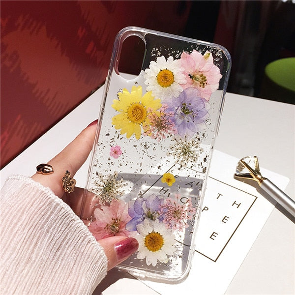 Dried Flower Silver foil Phone Cases For iPhone 14 13 12 11 Pro Max XS Max XR X 6 6s 7 8 Plus SE Soft Silicone Cover