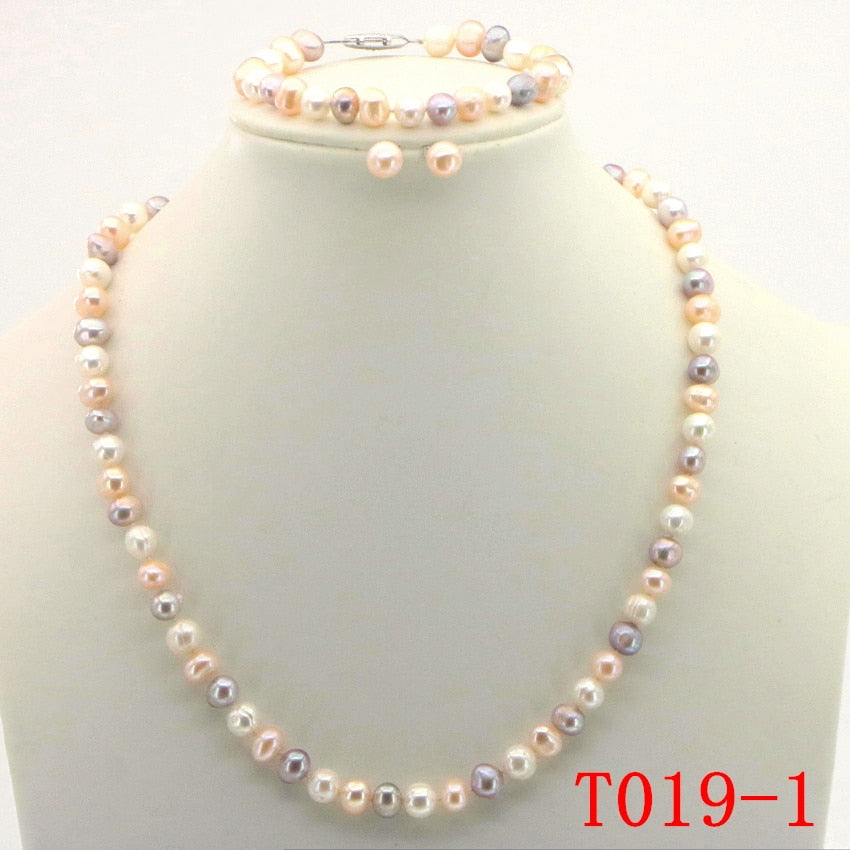 Conjuntos de collar de perlas Purpel, broche de pez, collar de 7-8mm, pulsera de 18 pulgadas, pendiente de 7,5 pulgadas, diseño de joyería para mujer