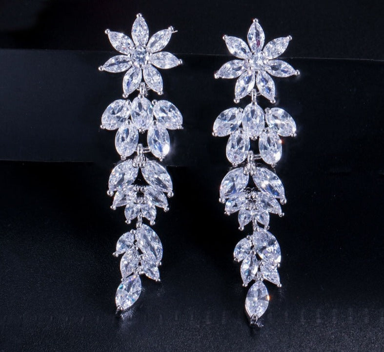 Luxury Marquise Cluster Flower Shape Cubic Zirconia Long Dangle Drop Earrings Jewelry