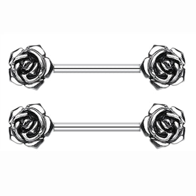 Pair 316L Surgical Steel Barbell Piercing Rose Flower Nipple Ring Bar Body Jewelry