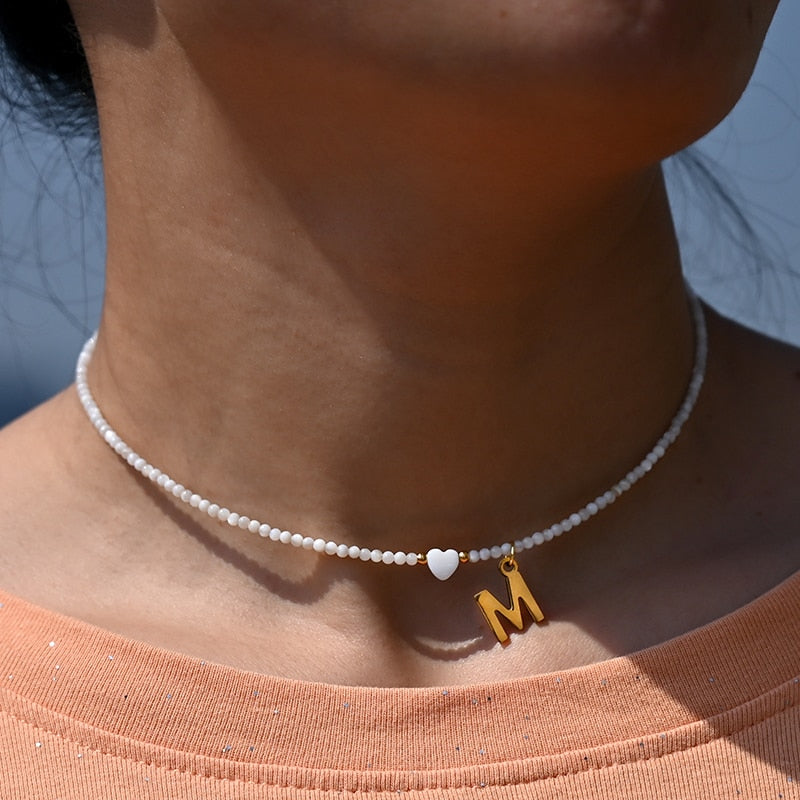 Edelstahl Initial Herz Halskette für Frauen Natürliche Muschel Perlen Brief Choker Modeschmuck Boho Streetwear Collier Femme