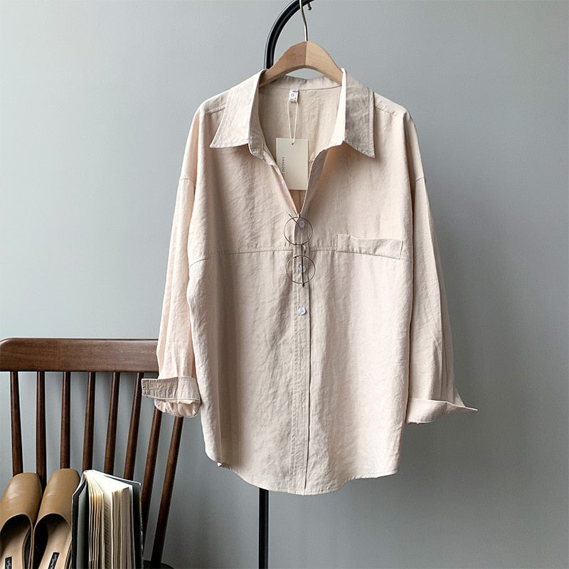 Minimalist Loose White Shirts for Women Turn-down Collar Solid Female Shirts Tops Spring Summer Blouses