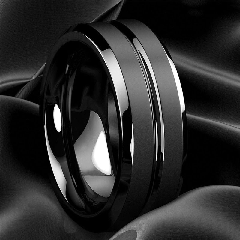 8mm Rings Jewelry Black Groove Matte Stainless Steel Anniversary Rings