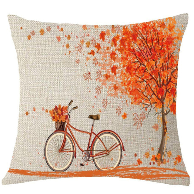 Happy Autumn Funda de almohada Árbol Hoja de arce Bicicleta